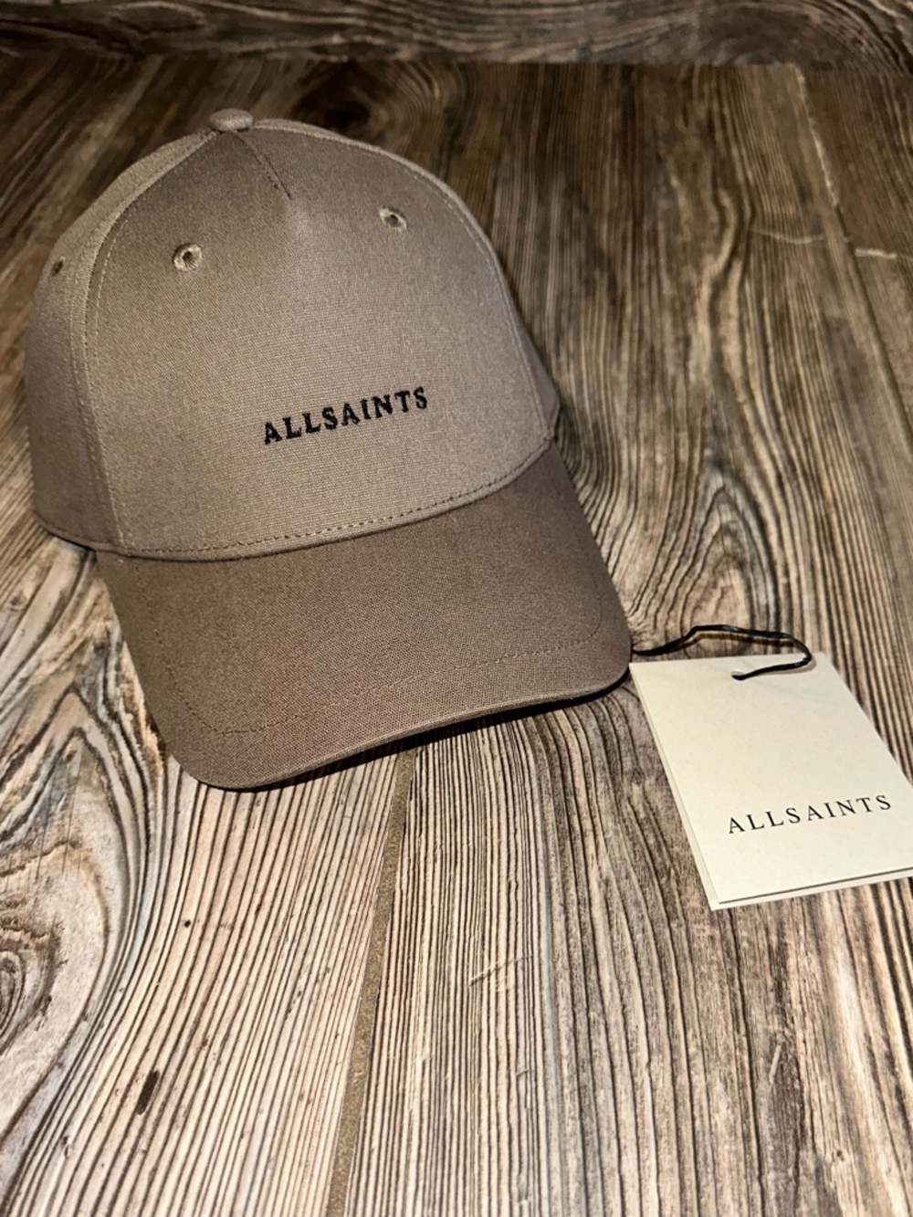AllSaints Khaki Baseball Cap Hat Neutral Logo Adjustable Classic Minimalist Hot